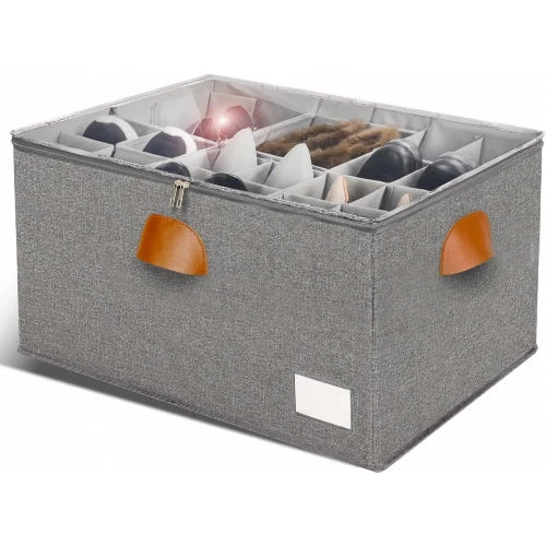 Large closet shoe organizer bin in solid grey with clear zippered dust cover, label slot, and adjustable shoe dividers