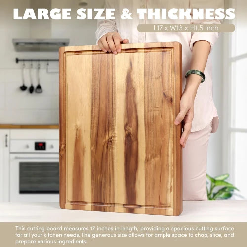 Person holding a 17 by 13 inch large and thick acacia wood butcher block cutting board in a kitchen setting