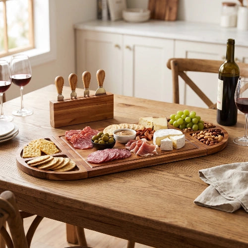 Large 30-inch modular acacia wood charcuterie board fully assembled on a dining table with gourmet cheese, wine, crackers, and wooden knife block.