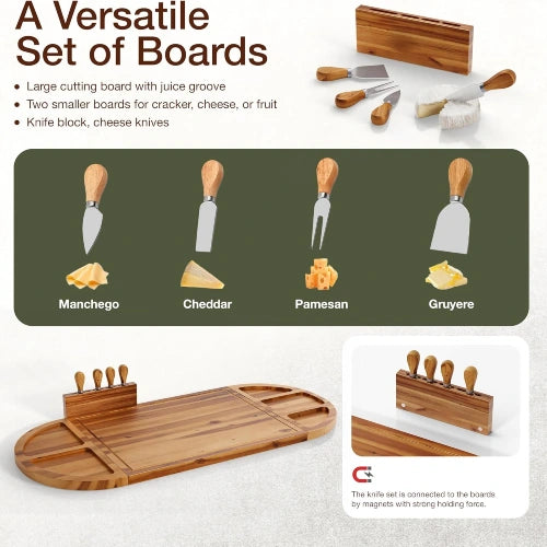 Modular acacia wood charcuterie board featuring a magnetic knife block and a 4-piece specialty cheese cutlery set for manchego, cheddar, parmesan, and gruyere.