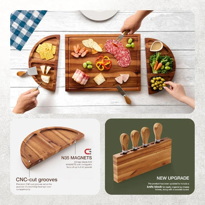 Modular acacia wood charcuterie serving set showing detachable magnetic trays with CNC-cut grooves, appetizers, and a matching wooden cheese knife block.