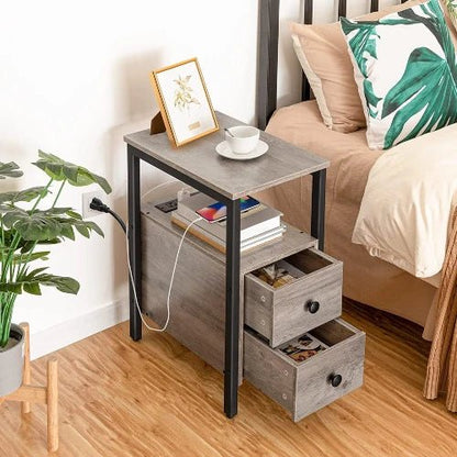 Narrow Charging Nightstand - Two Drawers USB Bedside Table - NovoBam