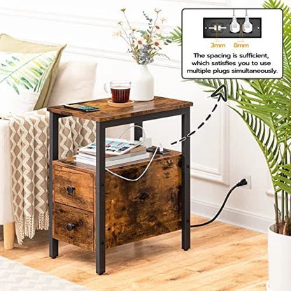 Narrow Charging Nightstand - Two Drawers USB Bedside Table - NovoBam