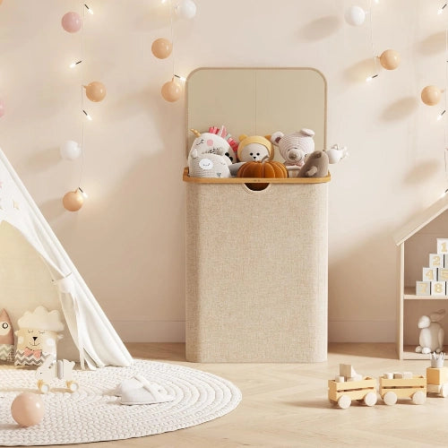 120L beige foldable storage hamper with open lid holding plush toys in a neutral kids playroom setting