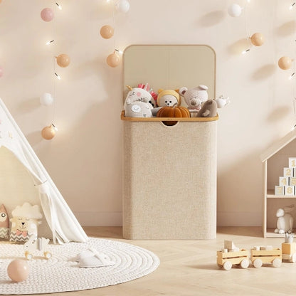 120L beige foldable storage hamper with open lid holding plush toys in a neutral kids playroom setting