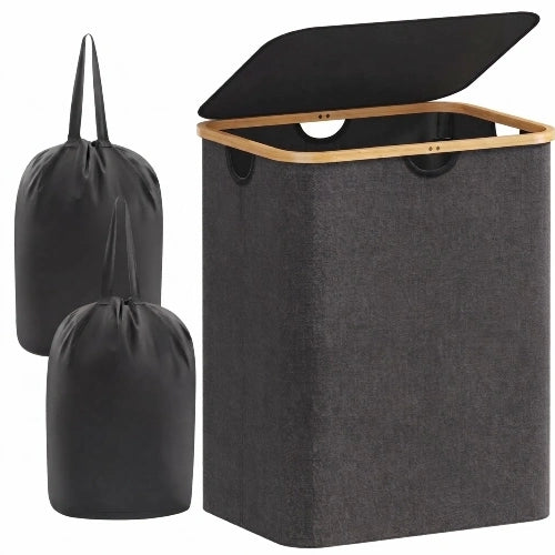 120L foldable laundry hamper in dark gray with natural bamboo rim, open lid, and two black removable inner tote bags