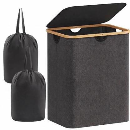 120L foldable laundry hamper in dark gray with natural bamboo rim, open lid, and two black removable inner tote bags