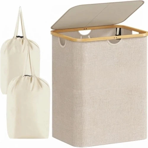 120L foldable laundry hamper in beige with natural bamboo rim, open lid, and two beuge removable inner tote bags