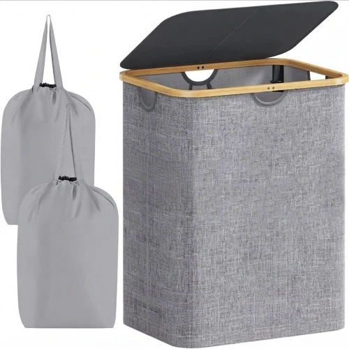 120L foldable laundry hamper in light gray with natural bamboo handles, open lid, and two removable tote bags