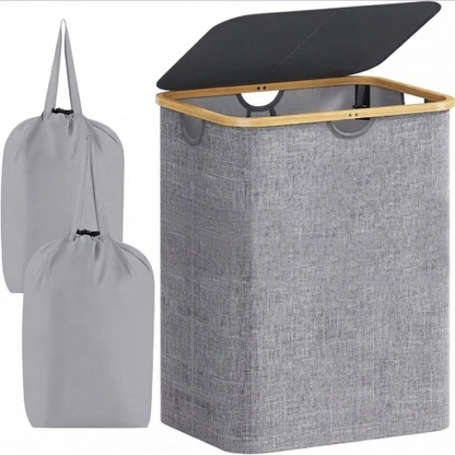 120L foldable laundry hamper in light gray with natural bamboo handles, open lid, and two removable tote bags