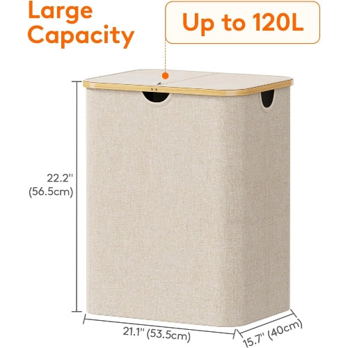 Product dimensions and 120L capacity diagram for beige foldable laundry hamper with bamboo handles
