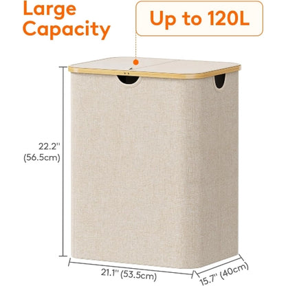 Product dimensions and 120L capacity diagram for beige foldable laundry hamper with bamboo handles