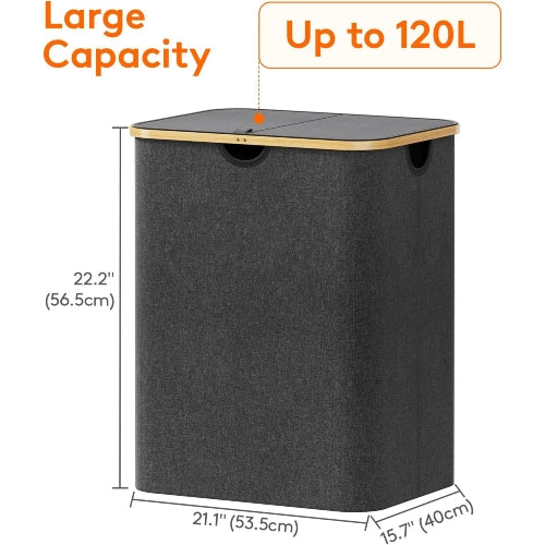 Product dimensions and 120L capacity diagram for dark gray foldable laundry hamper with bamboo handles