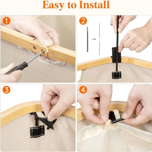 Step-by-step easy installation guide for foldable laundry hamper support rods and inner lining clips