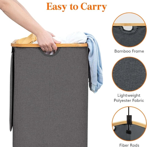 Easy to carry 120L laundry hamper highlighting bamboo handles, lightweight polyester fabric, and fiber support rods