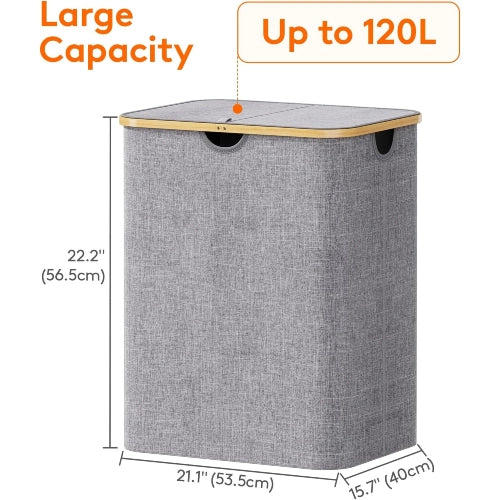 Product dimensions and 120L capacity diagram for light gray foldable laundry hamper with bamboo handles