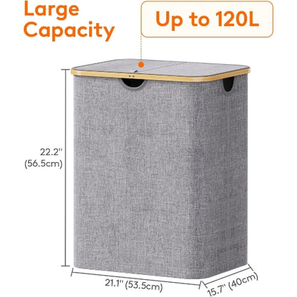 Product dimensions and 120L capacity diagram for light gray foldable laundry hamper with bamboo handles