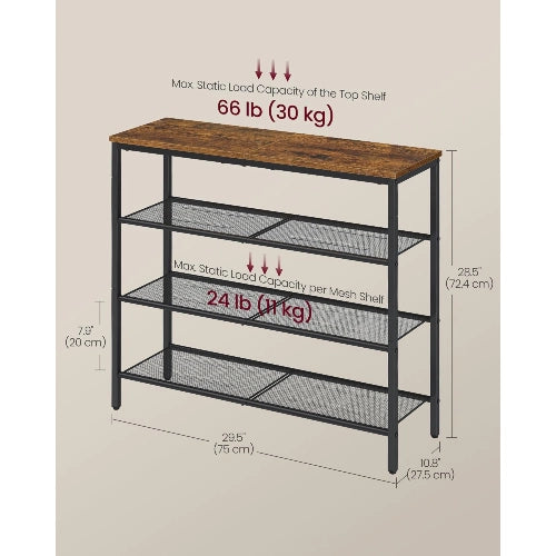 NovoBam 4-tier shoe rack dimensions 29.5L x 10.8W x 28.5H inches showing 66 lb top shelf and 24 lb mesh shelf static load capacity