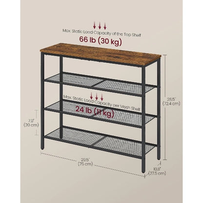 NovoBam 4-tier shoe rack dimensions 29.5L x 10.8W x 28.5H inches showing 66 lb top shelf and 24 lb mesh shelf static load capacity