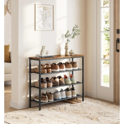 NovoBam 4-tier industrial shoe rack with rustic wooden top shelf styled in a bright modern home entryway with organized footwear and decor