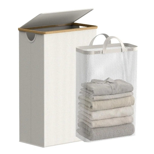 75L slim foldable beige laundry hamper with natural bamboo handles, open lid, and removable mesh laundry bag with folded clothes inside