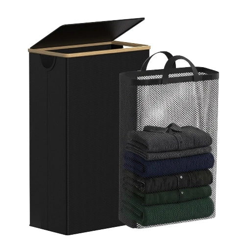 75L slim foldable black laundry hamper with natural bamboo handles, open lid, and removable mesh laundry bag with folded clothes inside