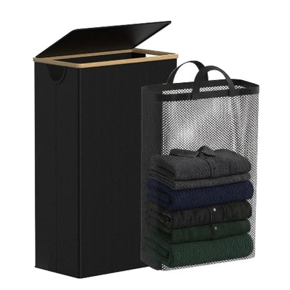 75L slim foldable black laundry hamper with natural bamboo handles, open lid, and removable mesh laundry bag with folded clothes inside