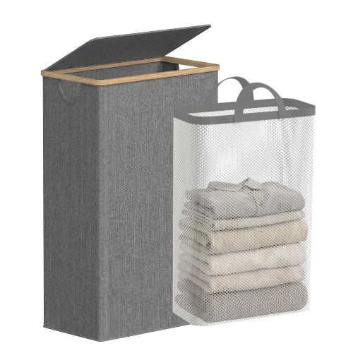 75L slim foldable gray laundry hamper with natural bamboo handles, open lid, and removable mesh laundry bag with folded clothes inside