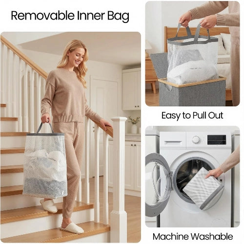 Removable and machine washable mesh liner bag with carrying handles lifted from a 75L slim laundry hamper and carried down stairs