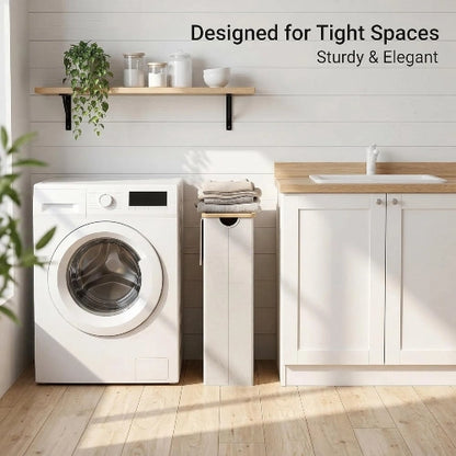Slim 75L laundry hamper fitted neatly in a narrow space between a washing machine and bathroom vanity cabinet