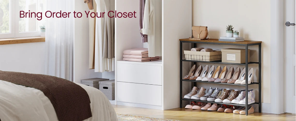 NovoBam 4-tier metal mesh shoe rack placed inside a bedroom walk-in closet organizing heels, sneakers, and storage boxes