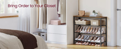NovoBam 4-tier metal mesh shoe rack placed inside a bedroom walk-in closet organizing heels, sneakers, and storage boxes