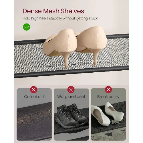 Close up of NovoBam shoe rack dense metal mesh shelf supporting high heels steadily without getting stuck, warping, or collecting dirt
