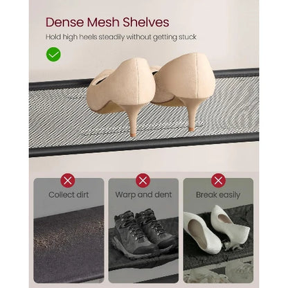 Close up of NovoBam shoe rack dense metal mesh shelf supporting high heels steadily without getting stuck, warping, or collecting dirt