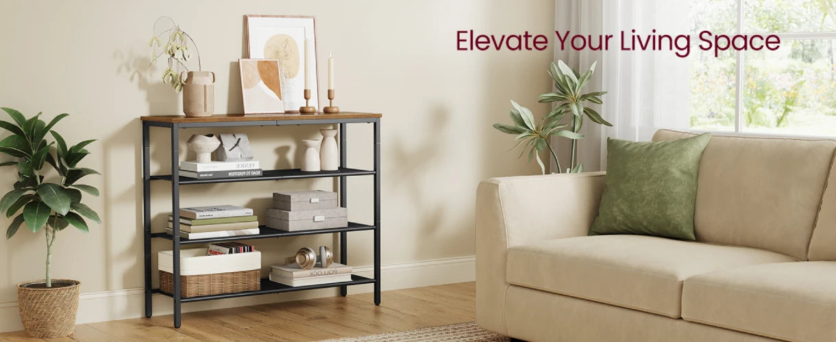 NovoBam 4-tier industrial storage rack styled as a living room console shelf holding books, storage baskets, and decorative vases next to sofa