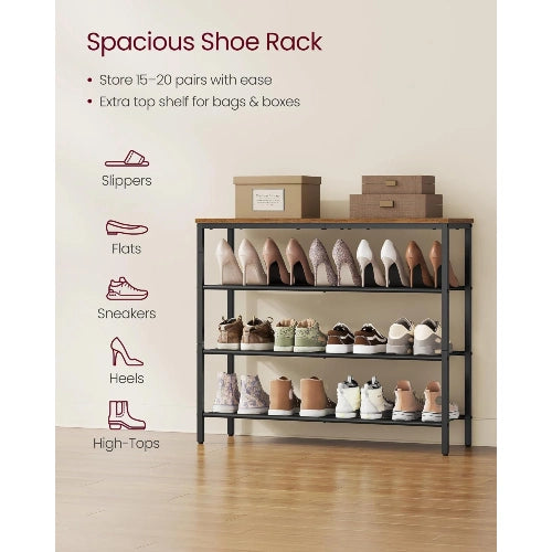 NovoBam spacious 4-tier shoe storage organizer holding 15 to 20 pairs of slippers, sneakers, heels, and high-tops with extra top shelf for storage boxes