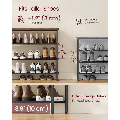 NovoBam shoe organizer featuring 7.9-inch tall shelf spacing for high-top boots and 3.9-inch extra clearance below for slippers