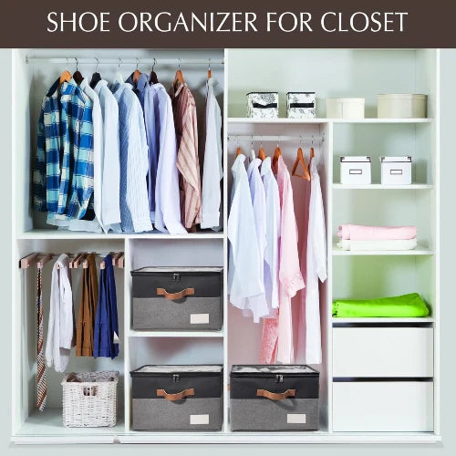 Black and grey stackable shoe storage boxes arranged on shelves inside an organized closet wardrobe