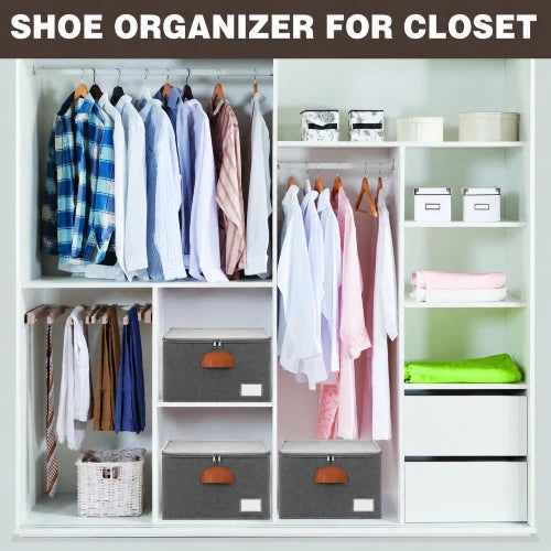 Grey stackable shoe storage organizer boxes arranged neatly on shelves inside a wardrobe closet