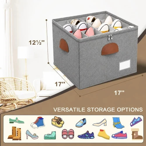 Stackable closet shoe storage organizer box dimensions 17x17x12.5 inches for various footwear styles
