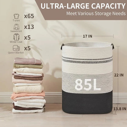 Tall rectangular cotton rope laundry hamper dimensions and 85L ultra large storage capacity breakdown