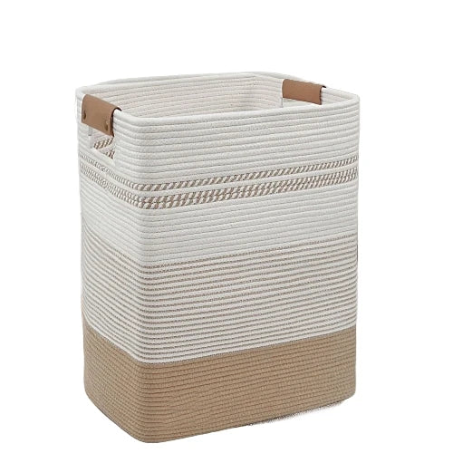 `Tall rectangular woven cotton rope laundry hamper in brown and white stripes with leather handles`