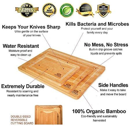 Organic Bamboo Cutting Board with Juice Groove 5-Piece Set - Kitchen Chopping 