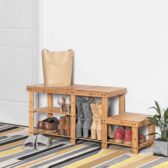 Bamboo Two Levels Shoe Bench Entryway Storage Rack - NovoBam