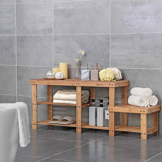 Bamboo Two Levels Shoe Bench Entryway Storage Rack - NovoBam