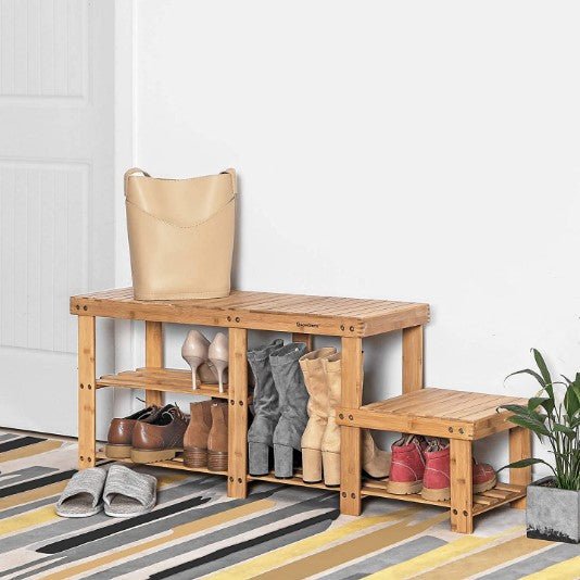 Bamboo Two Levels Shoe Bench Entryway Storage Rack - NovoBam