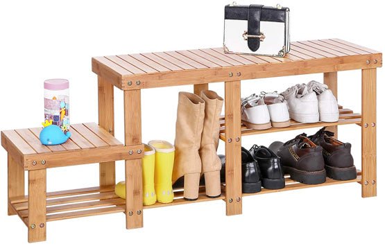 Bamboo Two Levels Shoe Bench Entryway Storage Rack - NovoBam