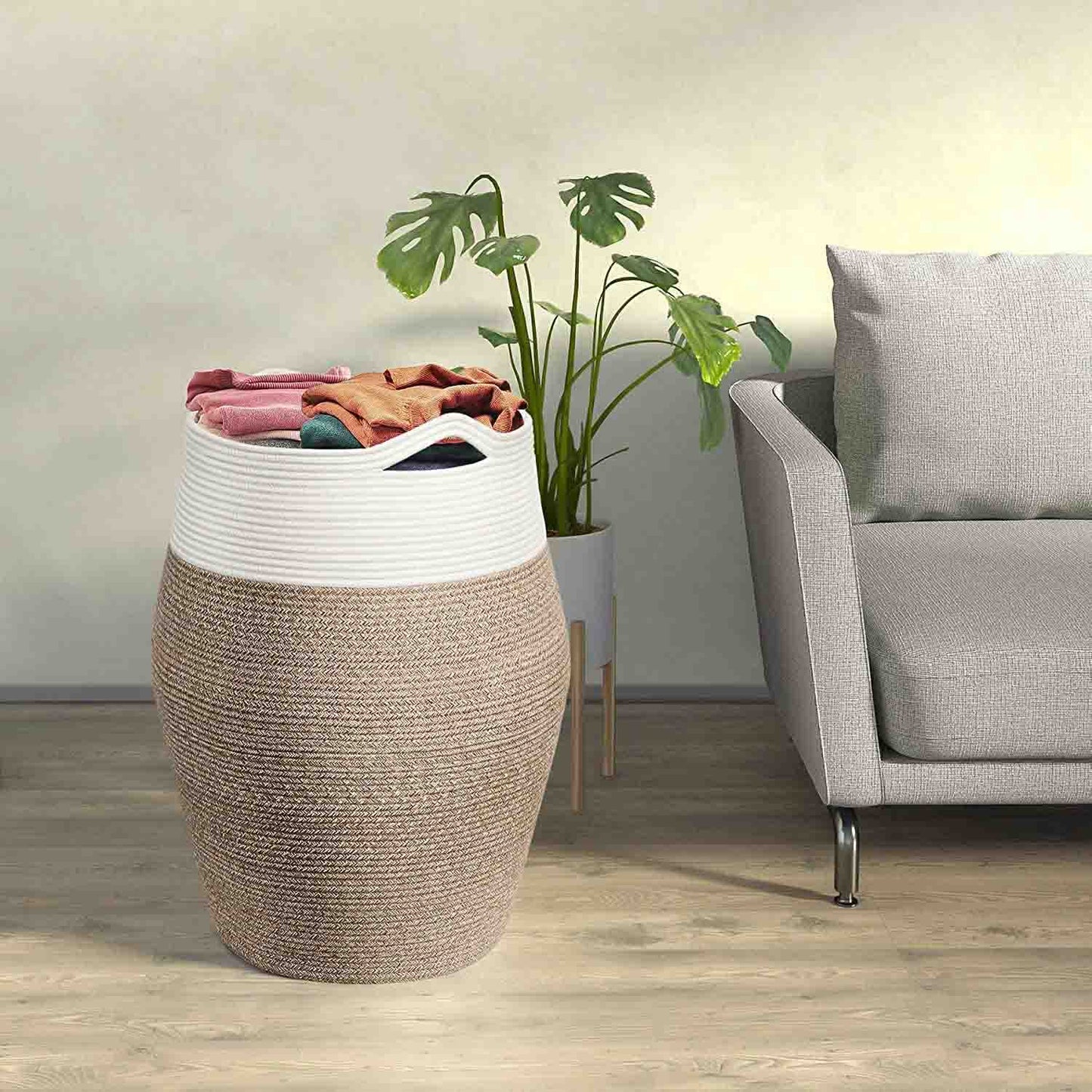 Brown Mix Woven Cotton Rope Laundry Hamper - NovoBam