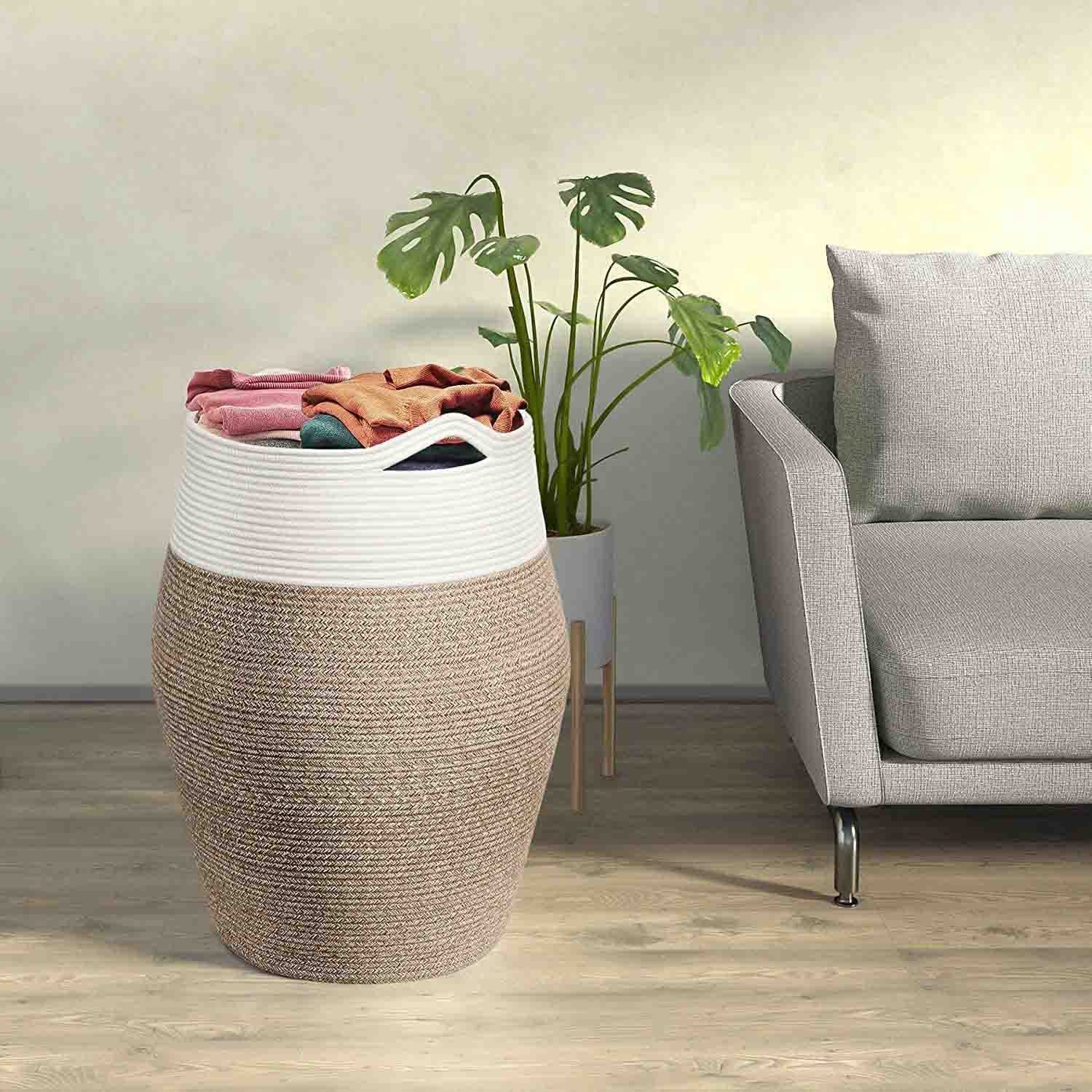 Brown Mix Woven Cotton Rope Laundry Hamper - NovoBam