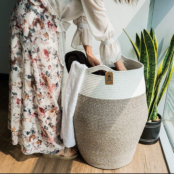 Brown Mix Woven Cotton Rope Laundry Hamper - NovoBam